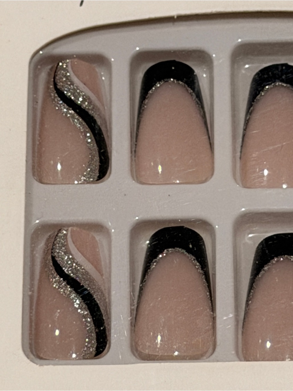 Black French Tip Press On Nails w/ Silver Glitter Swirl Accent | Y2K Glam